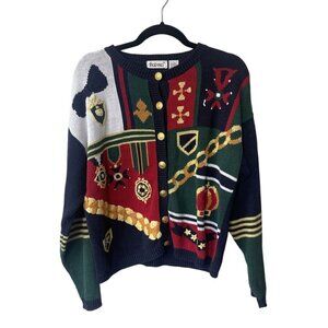 Vintage Y2K Womens Cardigan Size L Grandma Cotton Knit Gold Button Old Money